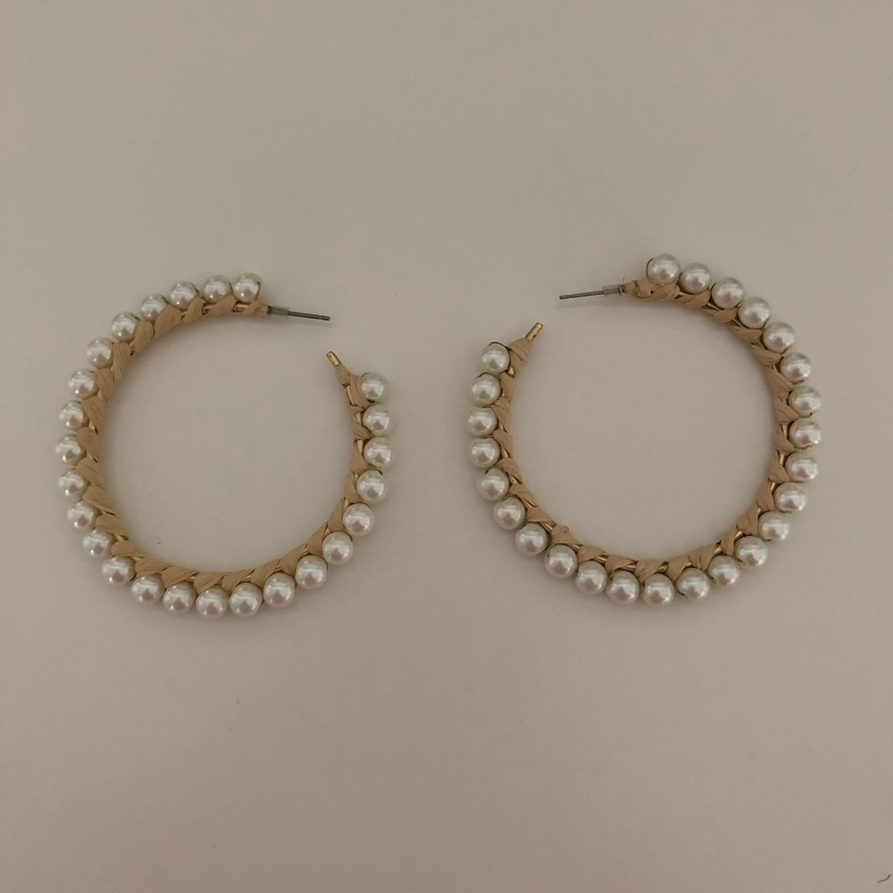 Anthropologie raffia / pearl hoop earrings